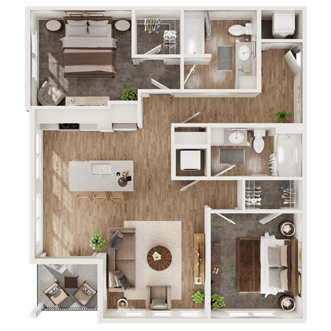 Floor plan for 2 beds, 2 baths, 1086 sqft